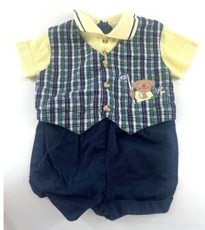 Vintage Baby Togs Outfit Boys 6-9 Months Bear Plaid Romper Kids Church Easter